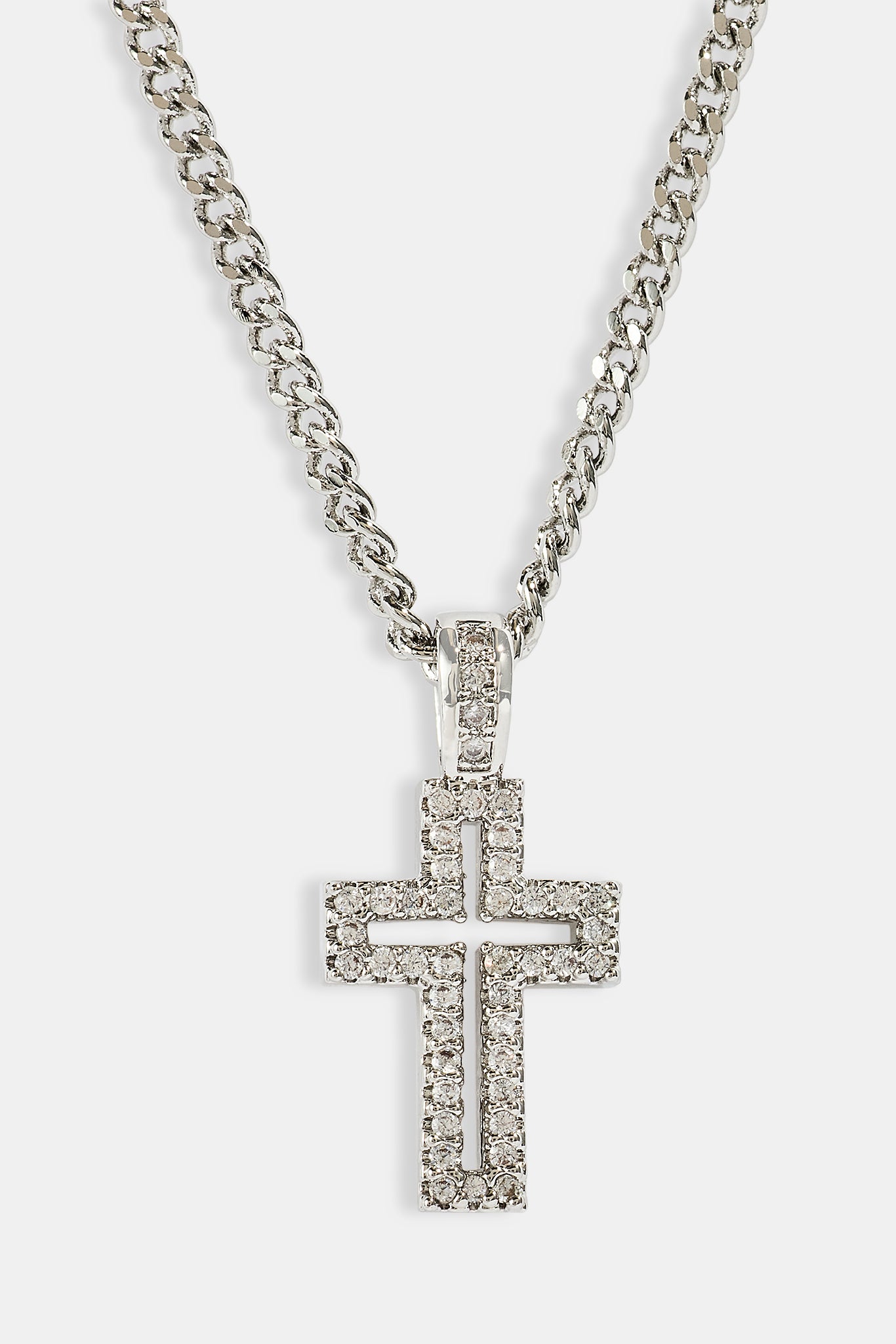 Micro Iced Outline Cross Necklace - 15mm - White